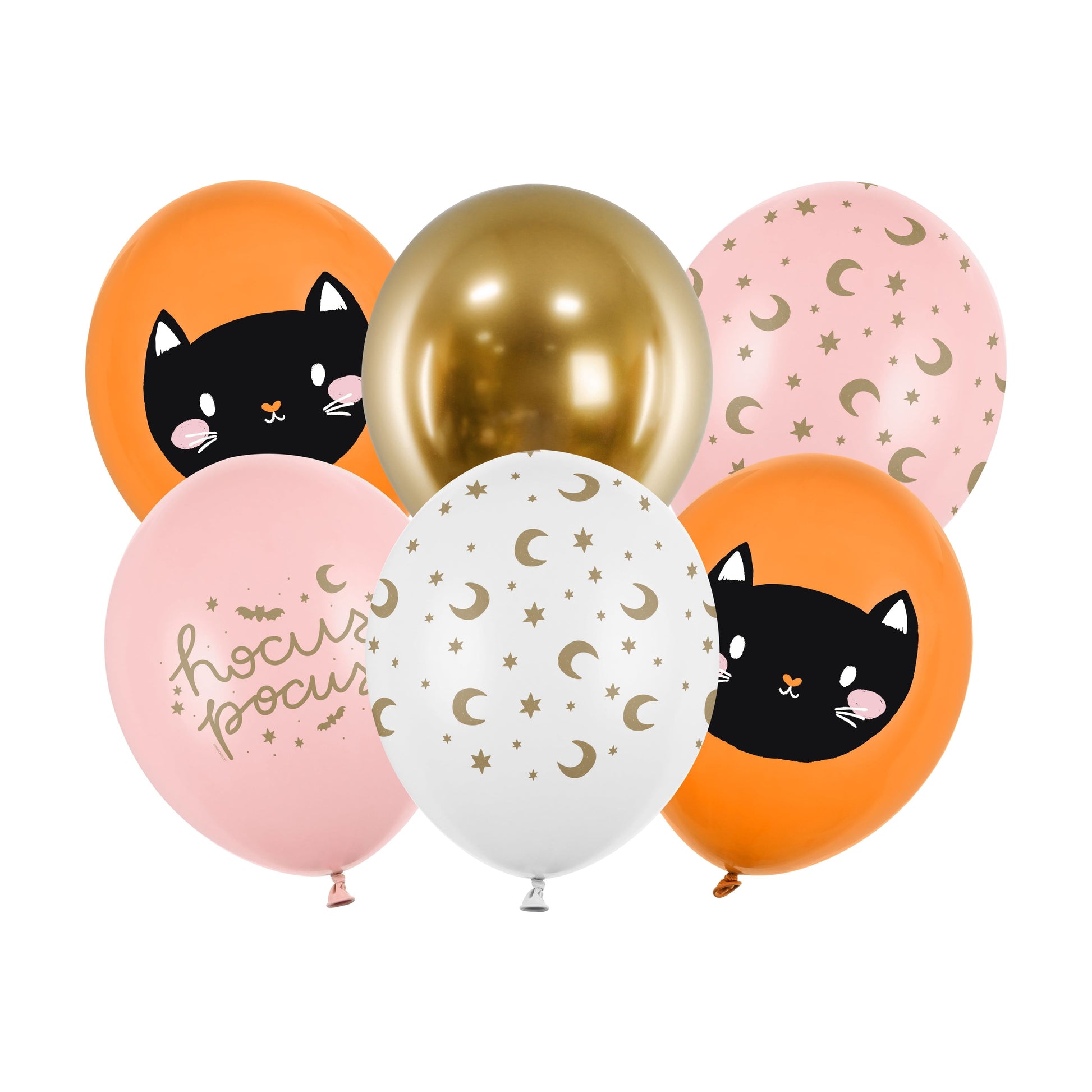 Set of balloons with cat designs and text on a white background