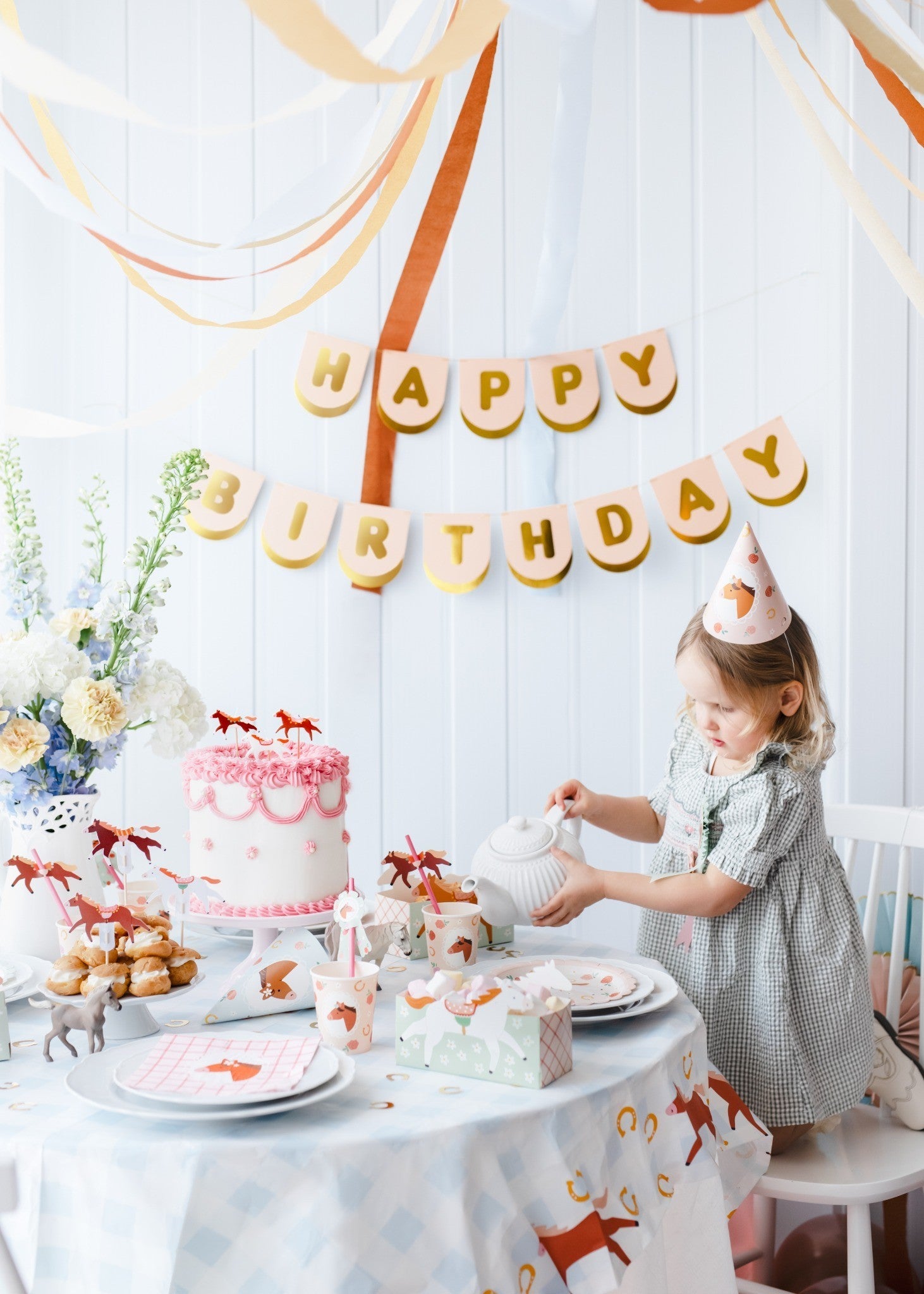 Happy Birthday banner with horses and gold lettering for party decor
