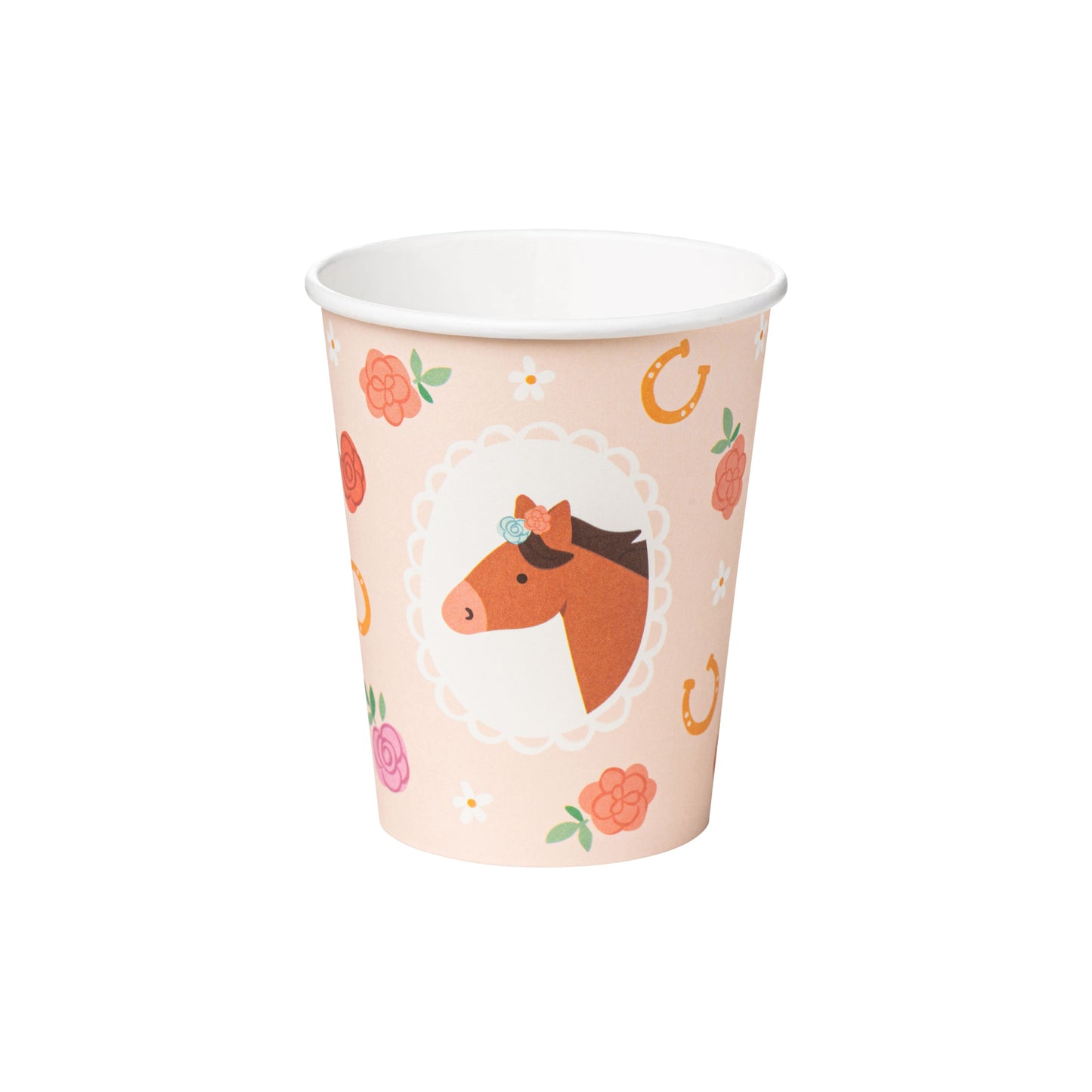 Paper cup with horse design on a white background