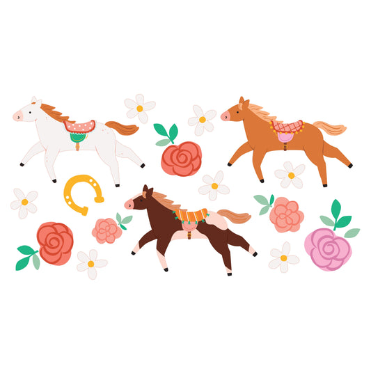Temporary tattoos with horses and flowers on a white background