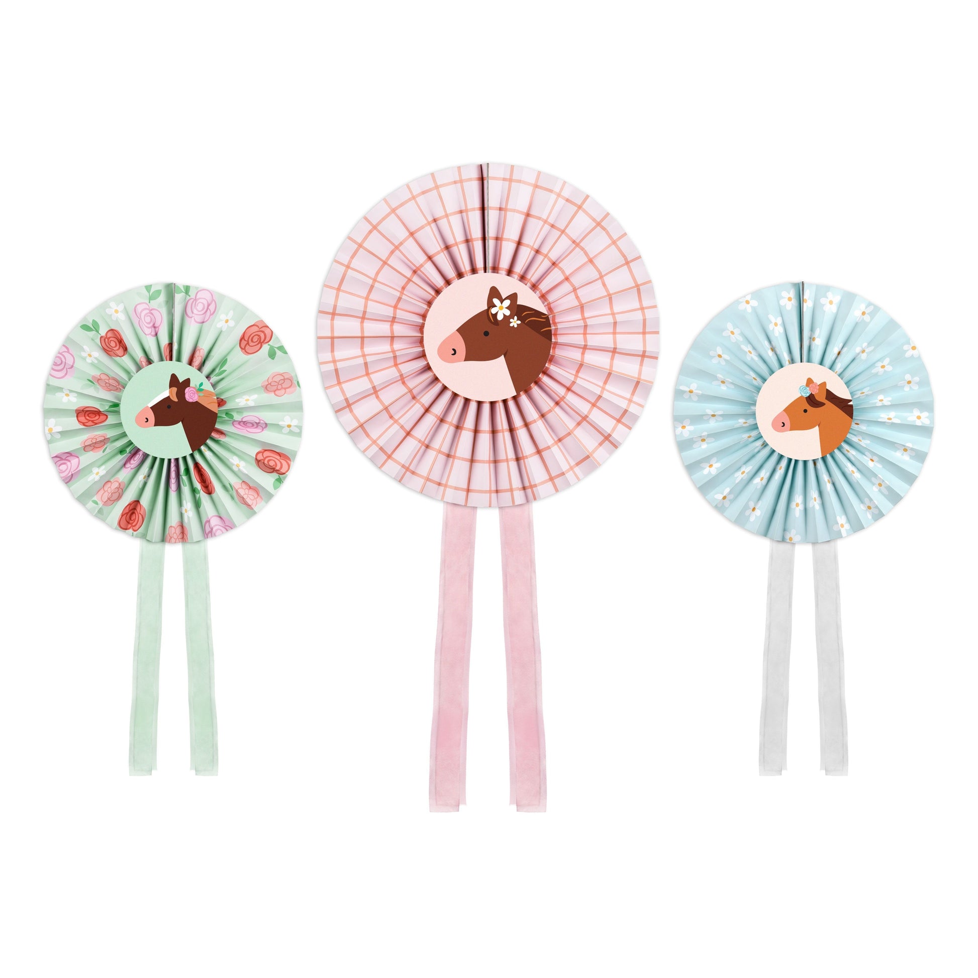 Three decorative fans with horse illustrations on a white background