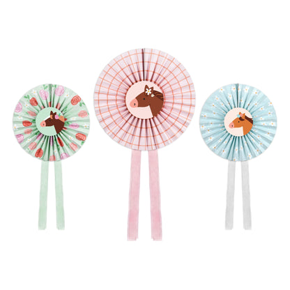 Three decorative fans with horse illustrations on a white background