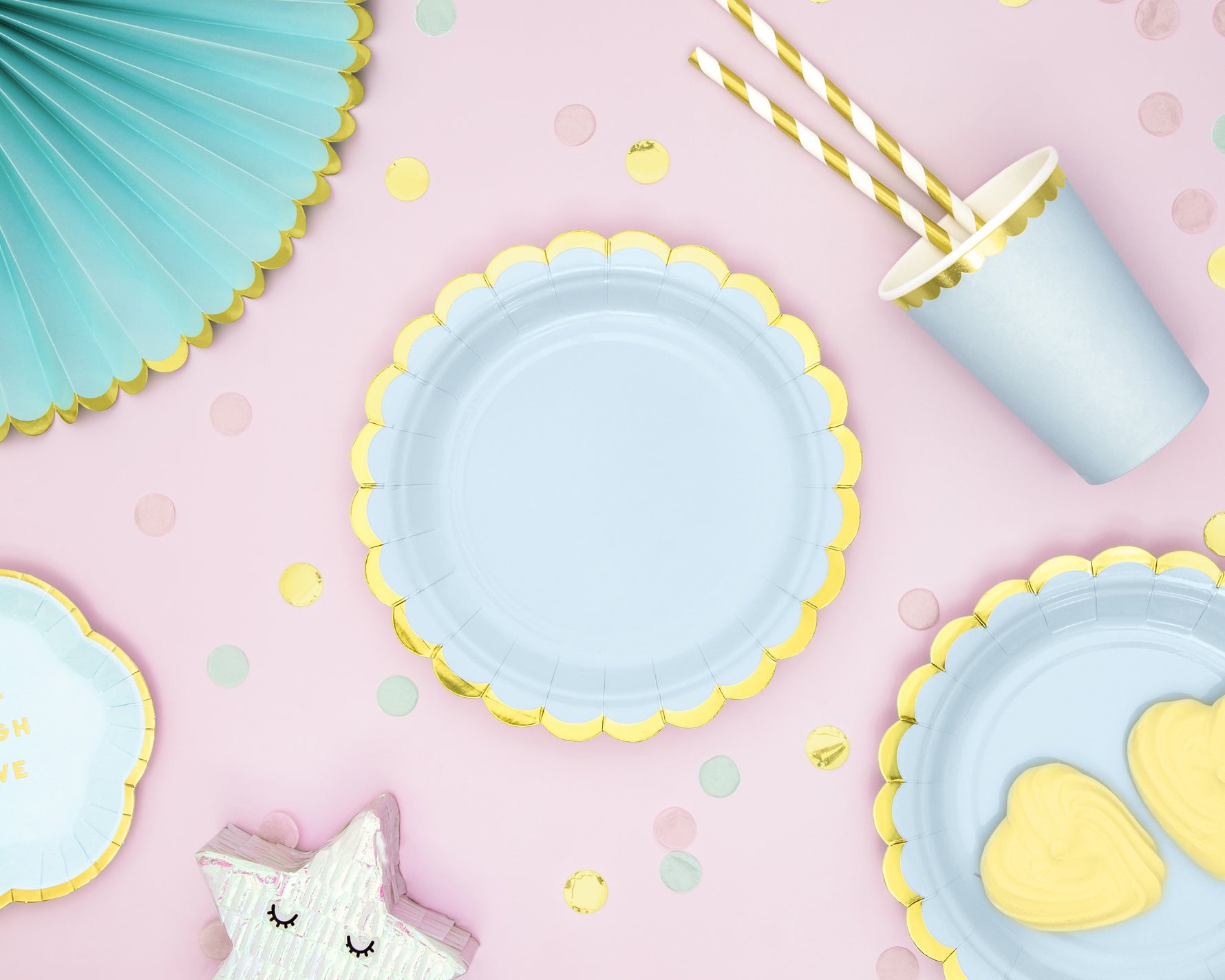 Light blue paper plates, cups, and striped straws