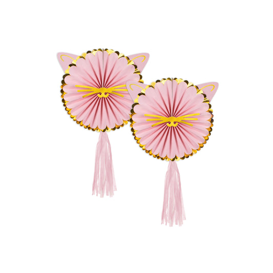 Two pink paper fans with cat ears and tassels on a white background