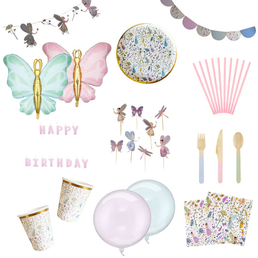 Collection of fairy-themed party supplies including butterfly decorations, balloons, and cutlery on a white background.
