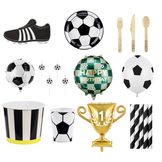 Collection of soccer-themed party supplies including balloons, cups, and cutlery on a white background.