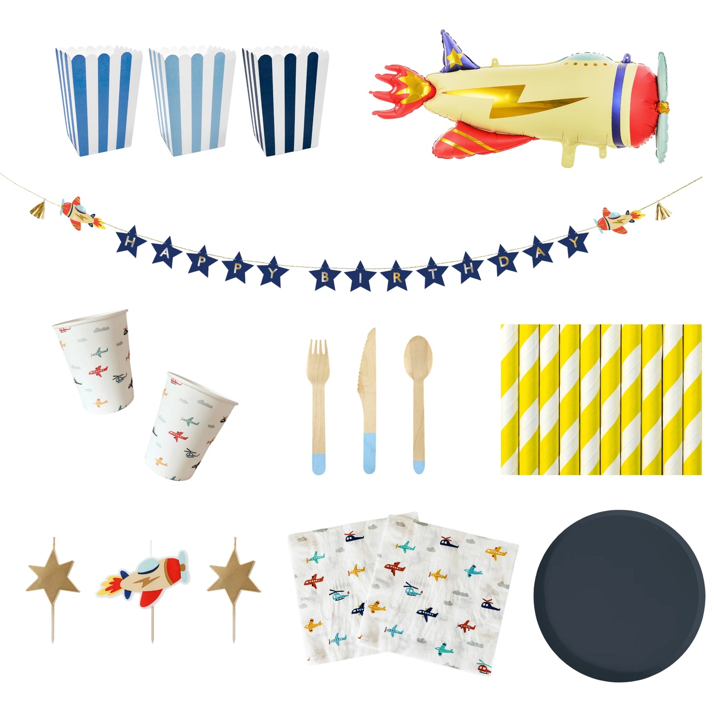 Collection of party supplies including cups, straws, and decorations on a white background