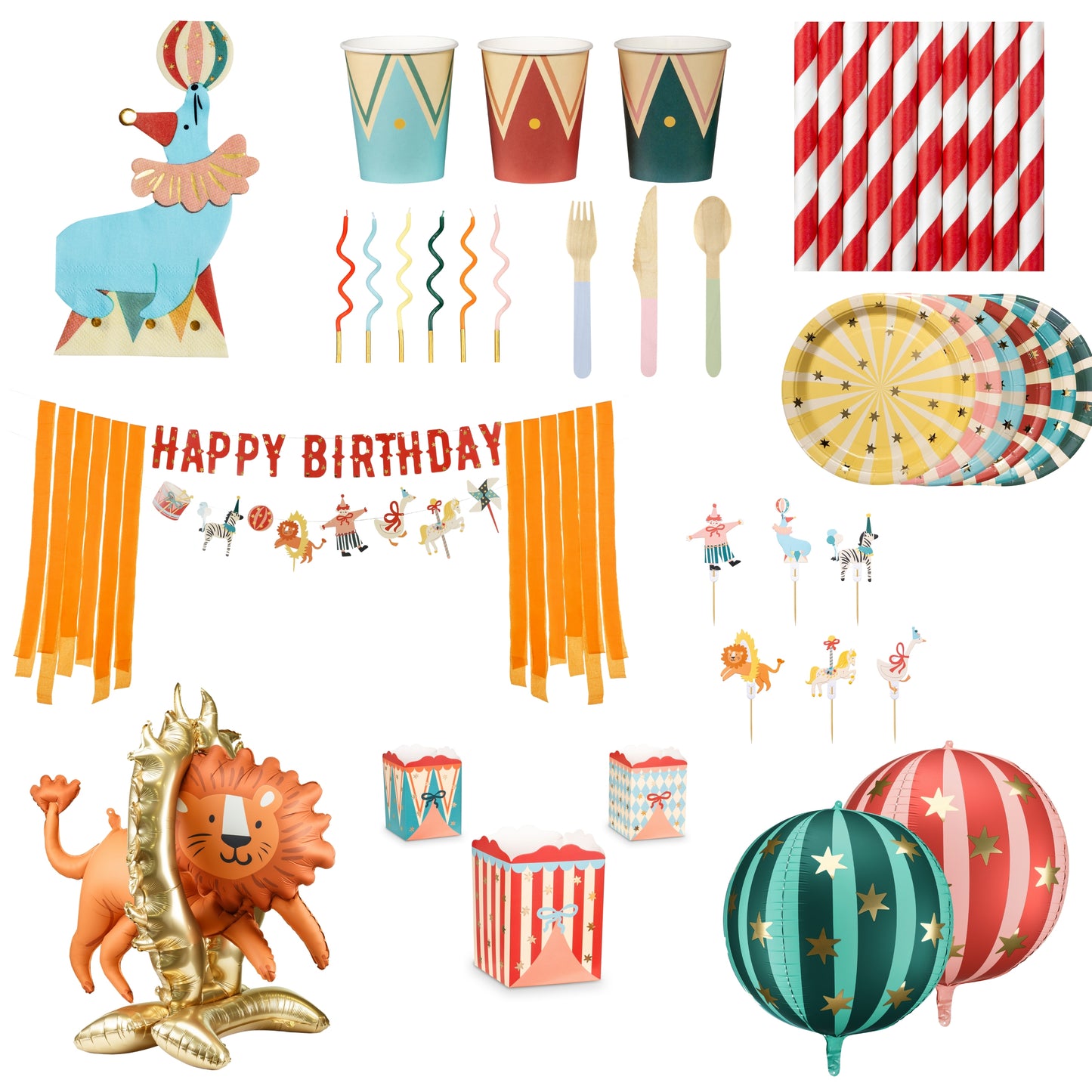 Circus-themed birthday party supplies including cups, straws, plates, and decorations on a white background.