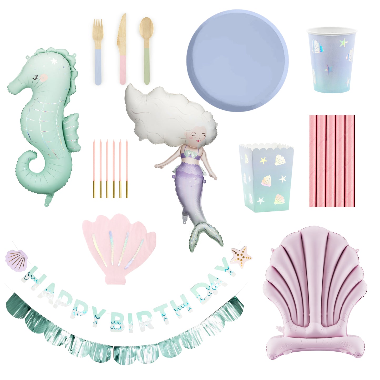Mermaid themed party set with tableware, garland, balloon