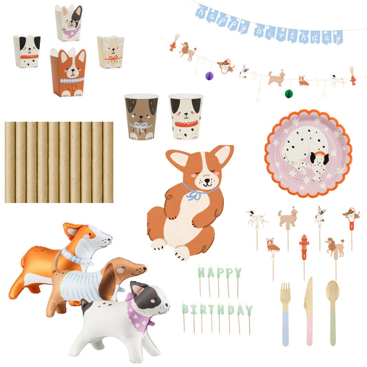 Collection of party supplies with animal-themed decorations on a white background