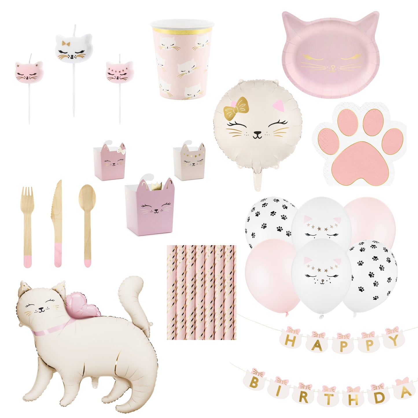 Collection of cat-themed party supplies including balloons, plates, and decorations on a white background.