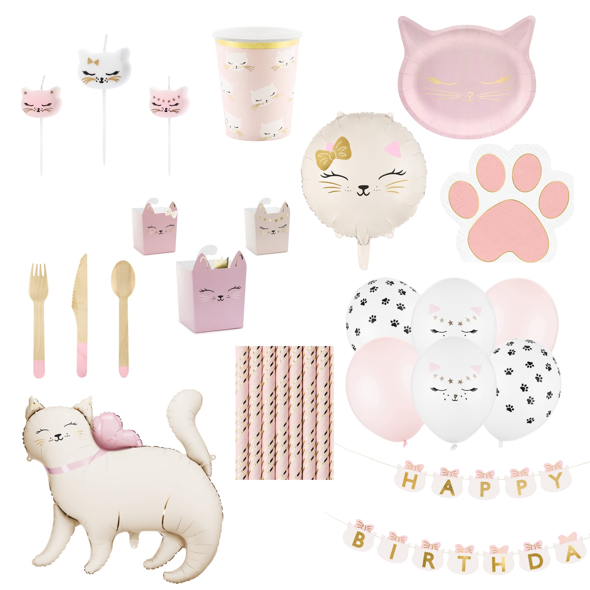 Collection of cat-themed party supplies including balloons, plates, and decorations on a white background.