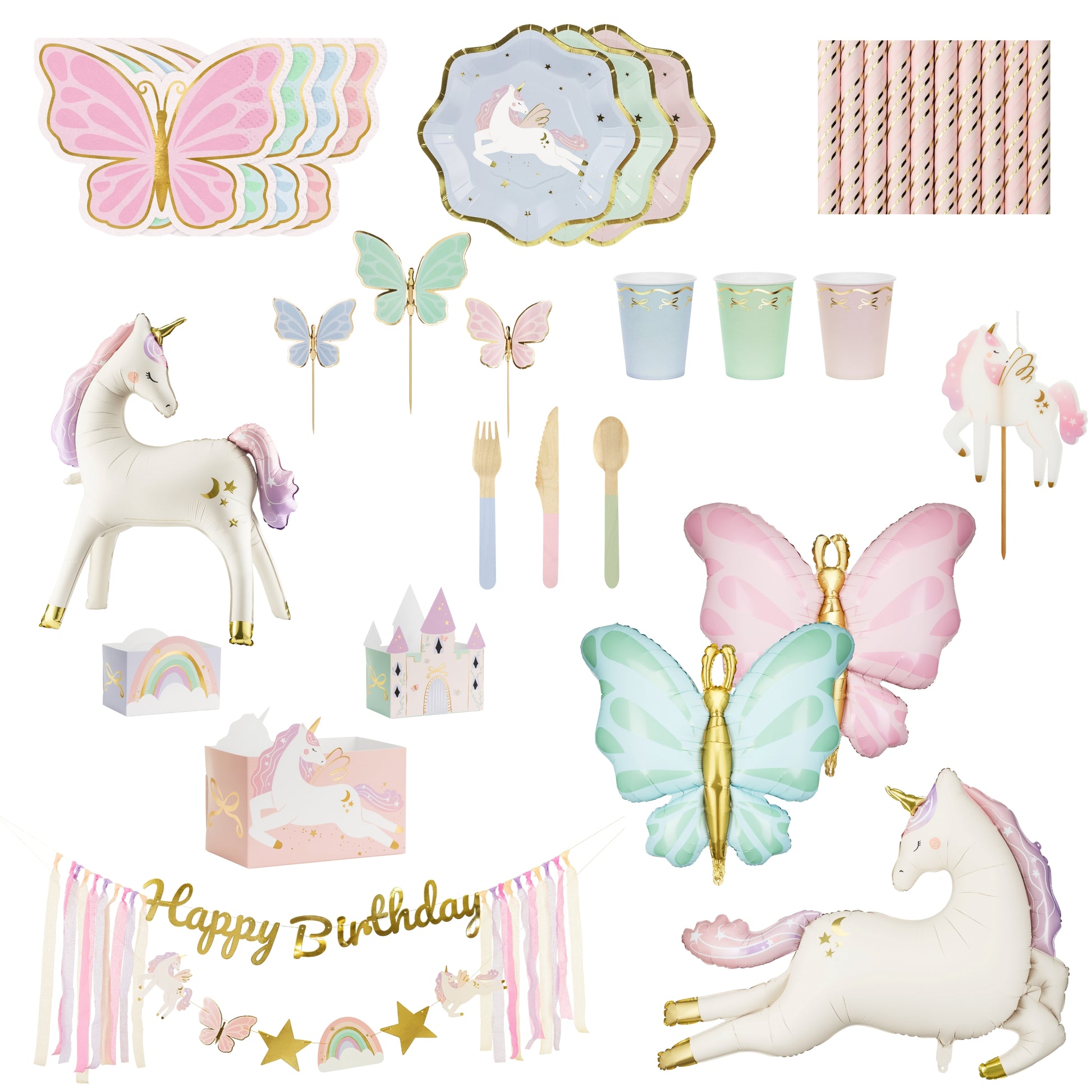 Collection of unicorn and butterfly-themed party supplies including plates, cups, utensils, and decorations.