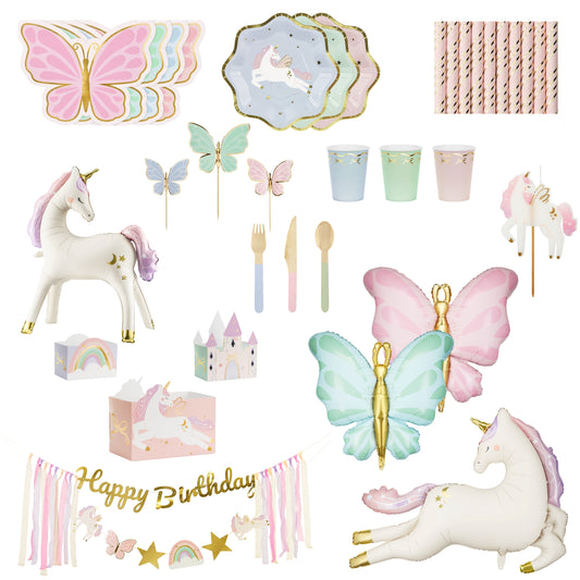 Collection of unicorn and butterfly-themed party supplies including plates, cups, utensils, and decorations.