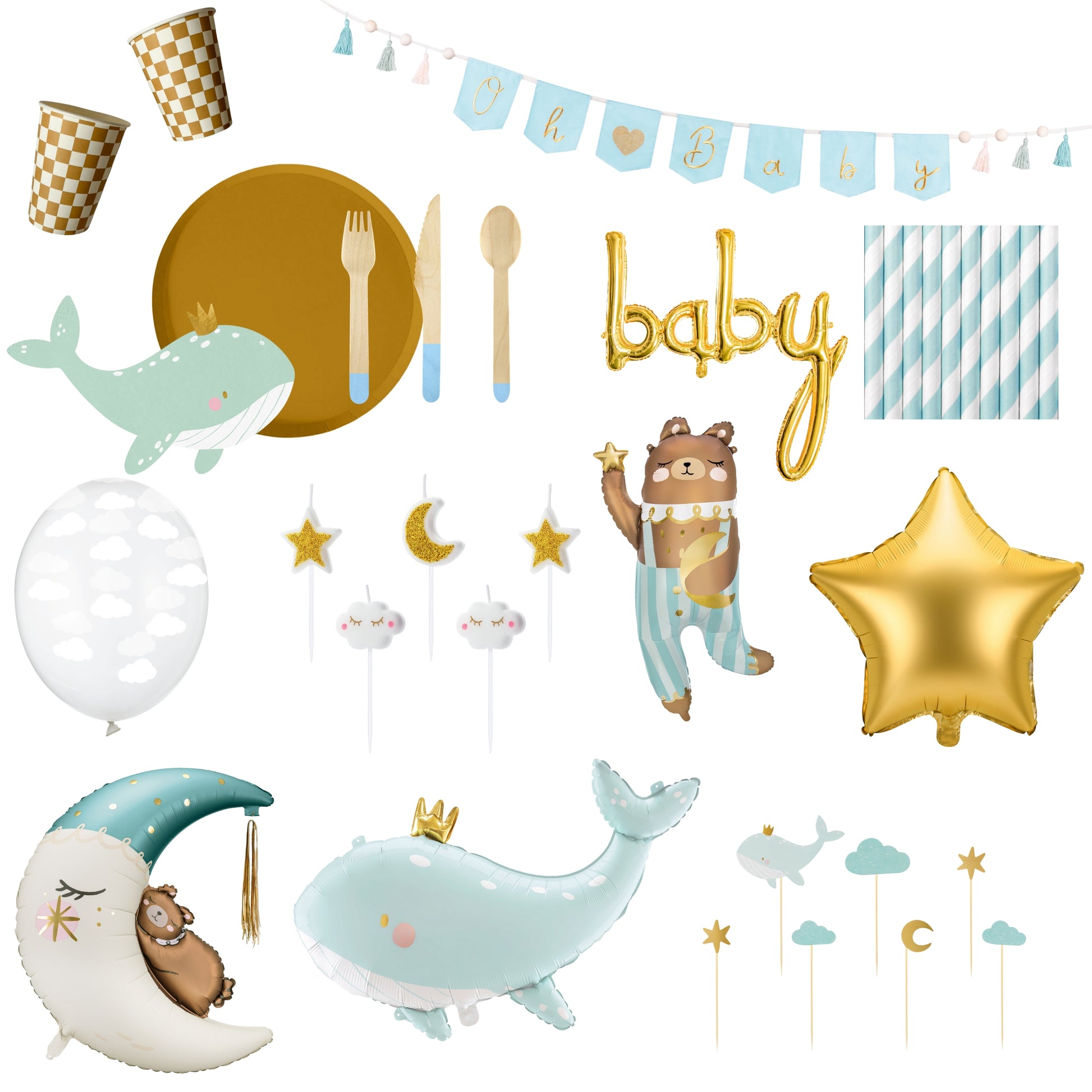 Baby shower decorations with balloons, banners, and cutlery on a white background