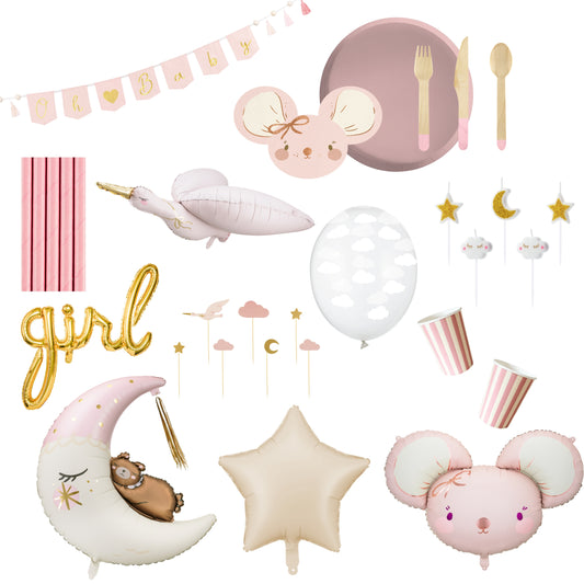 Collection of baby shower decorations including balloons, banners, and tableware on a white background.
