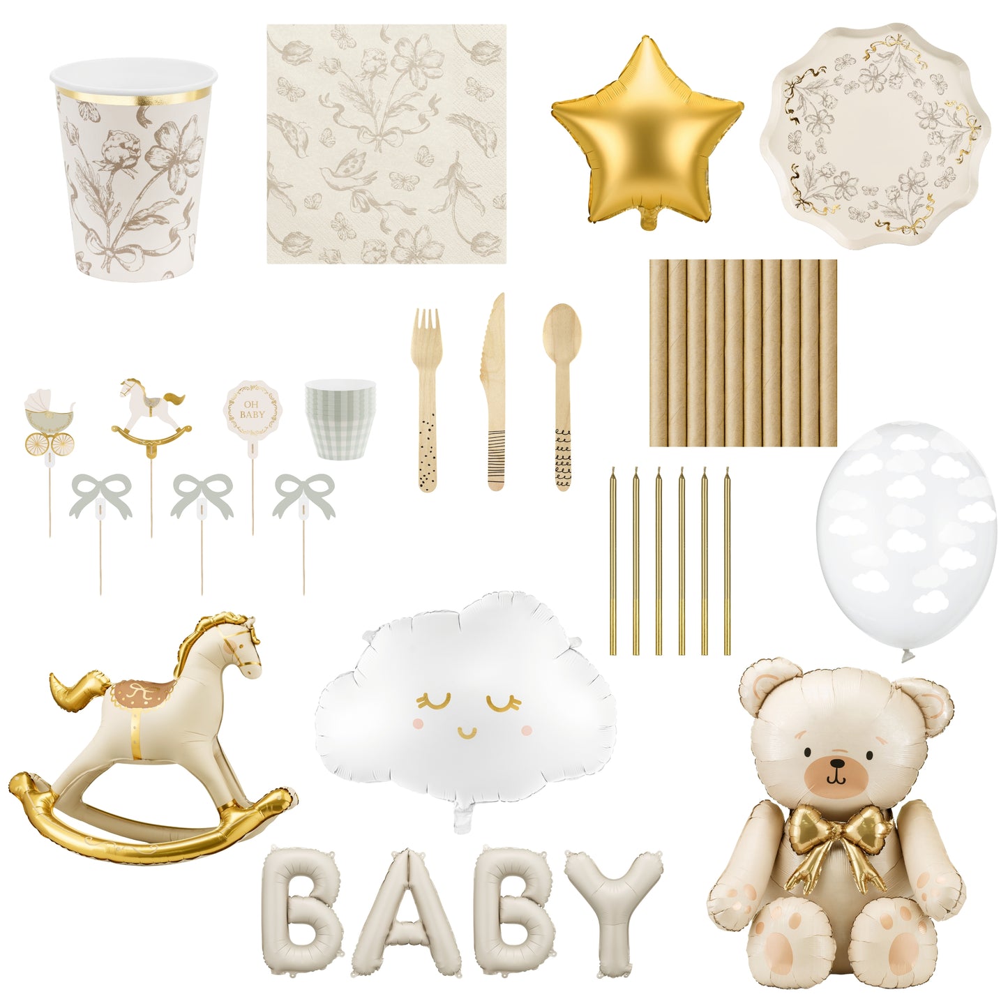 Collection of baby shower decorations including balloons, plates, and a teddy bear.