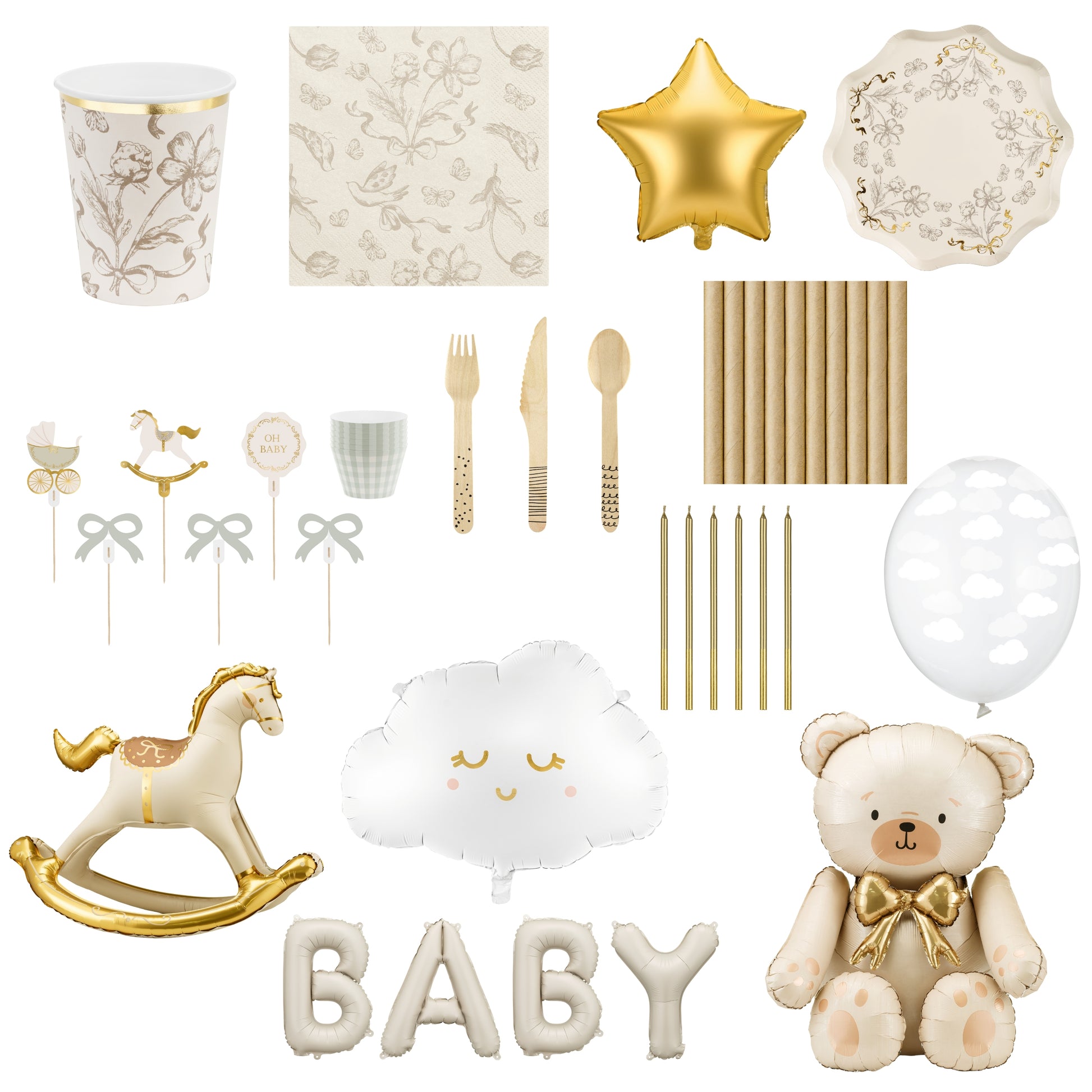 Collection of baby shower decorations including balloons, plates, and a teddy bear.