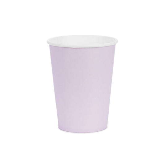 Purple paper cup with a white rim on a white background