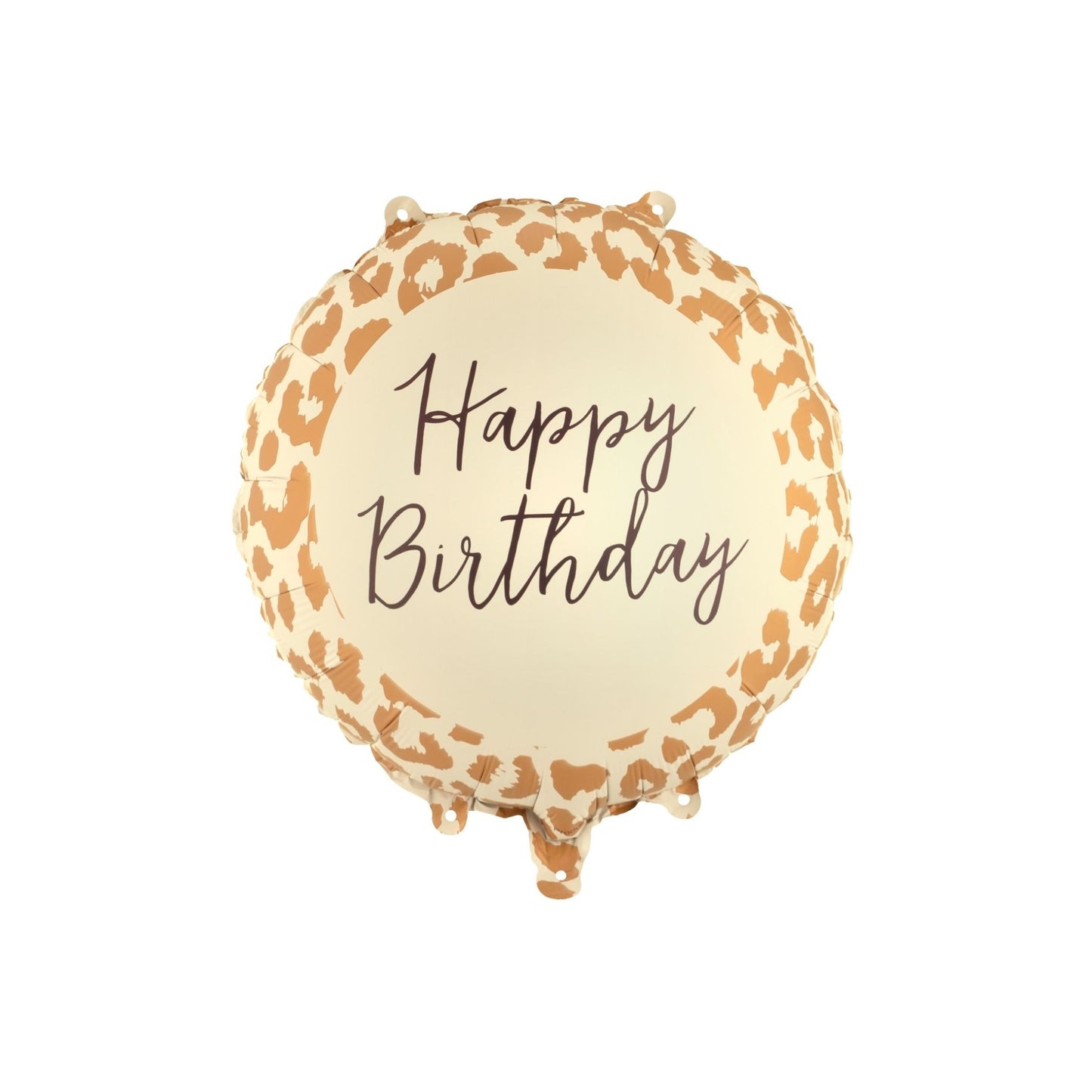 Leopard print balloon with 'Happy Birthday' text on a white background