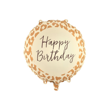 Leopard print balloon with 'Happy Birthday' text on a white background