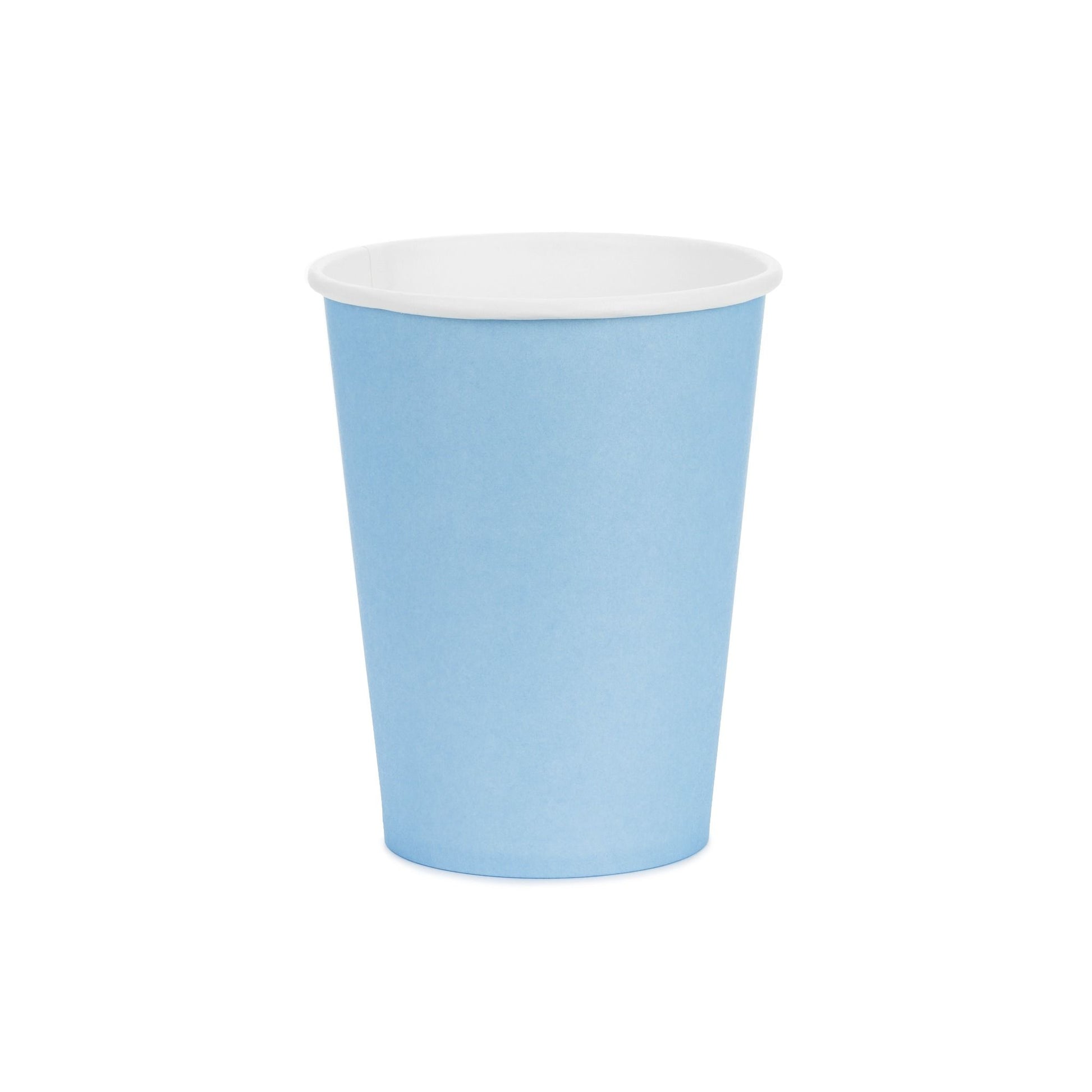 Light blue paper cup with white rim on a white background