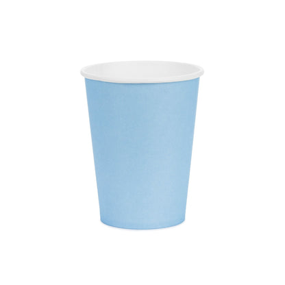 Light blue paper cup with white rim on a white background