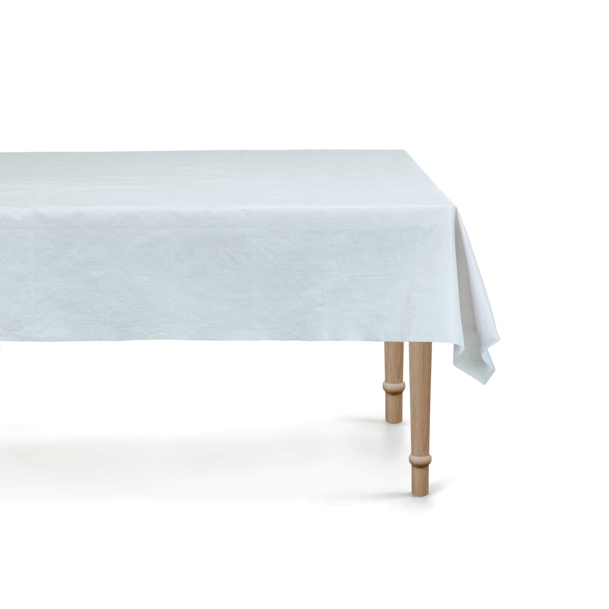 Light Blue Tablecloth tablecloth on a wooden table with a white background