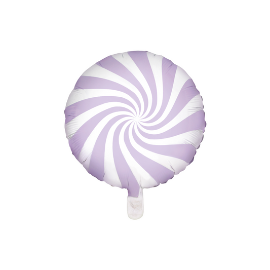 Purple and white striped lollipop-shaped balloon on a white background