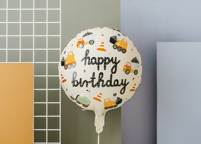 Round foil balloon with construction vehicles and traffic cones, featuring 'Happy Birthday' text, ideal for builder-themed parties