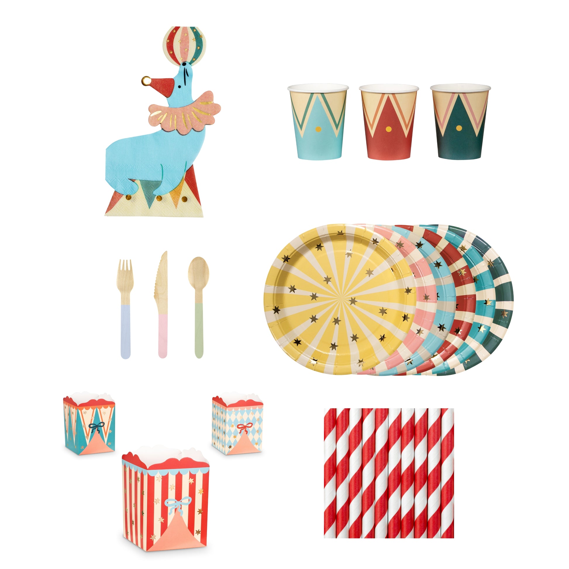 Carnival-themed party supplies including plates, cups, cutlery, and straws on a white background.