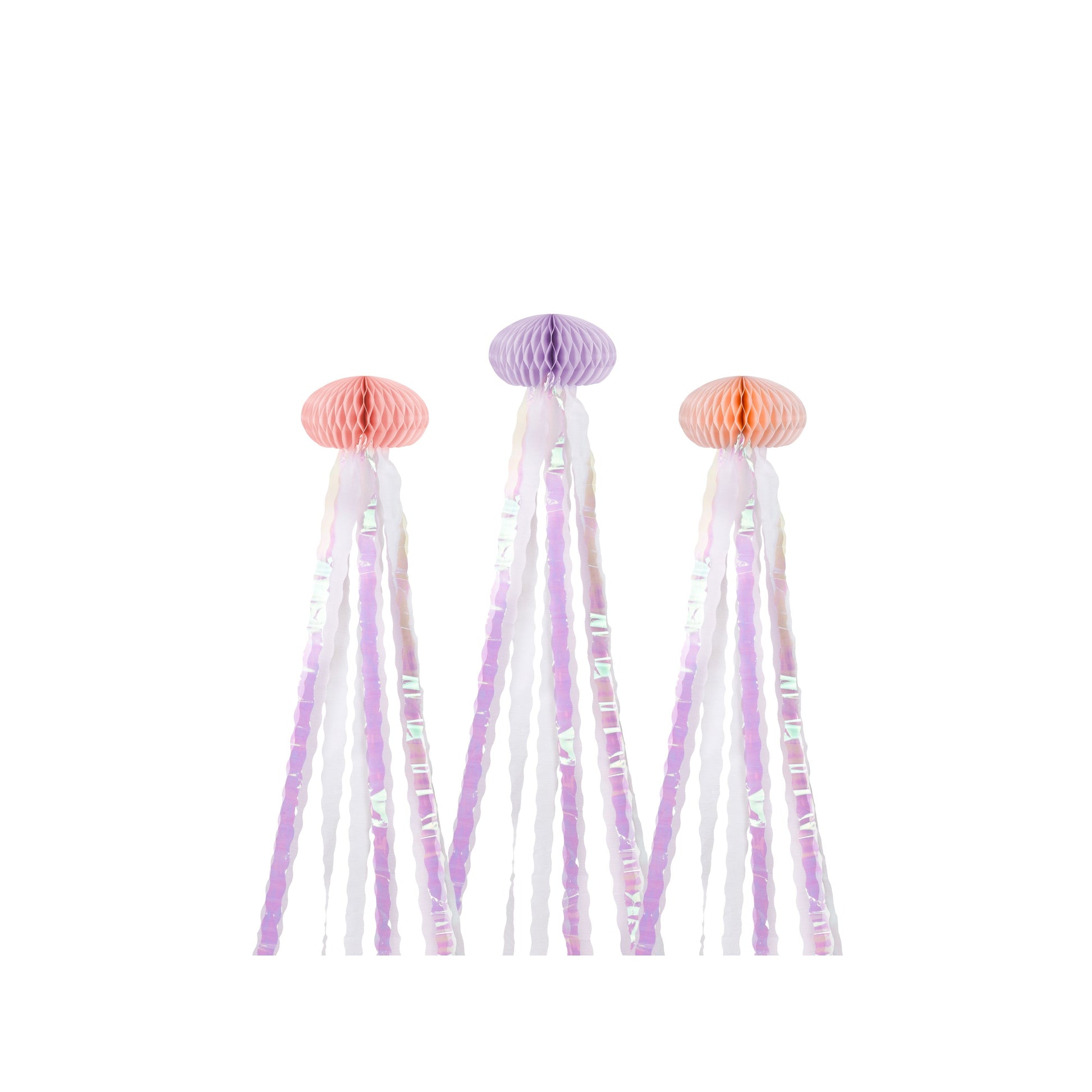 Decorative tassels with pink and purple pom-poms on a white background