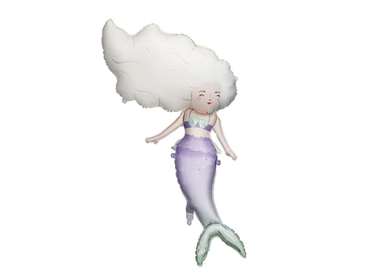 Mermaid Foil Balloon toy with white hair and purple tail on a white background