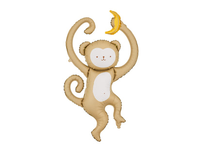 Beige monkey balloon with a white belly holding a yellow banana on a white background