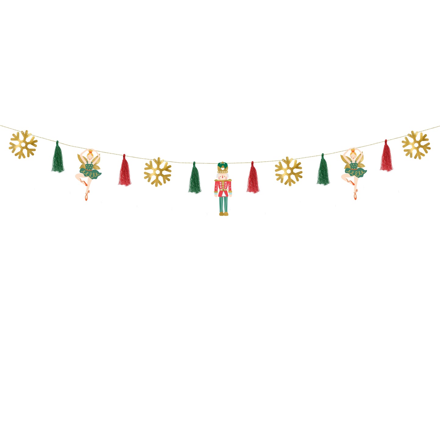 Decorative string with Christmas-themed ornaments on a white background