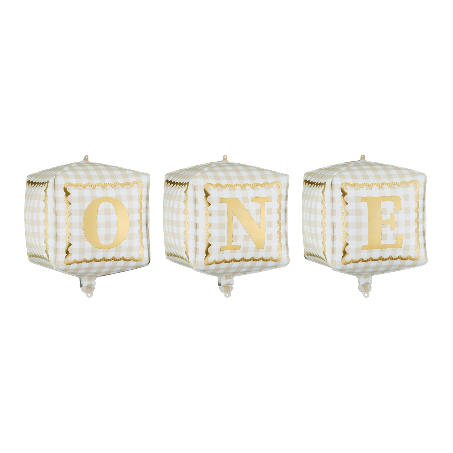 Three checkered balloon spelling 'ONE' on a white background