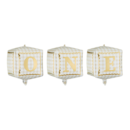 Three checkered balloon spelling 'ONE' on a white background