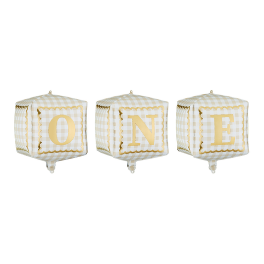 Three checkered balloon spelling 'ONE' on a white background