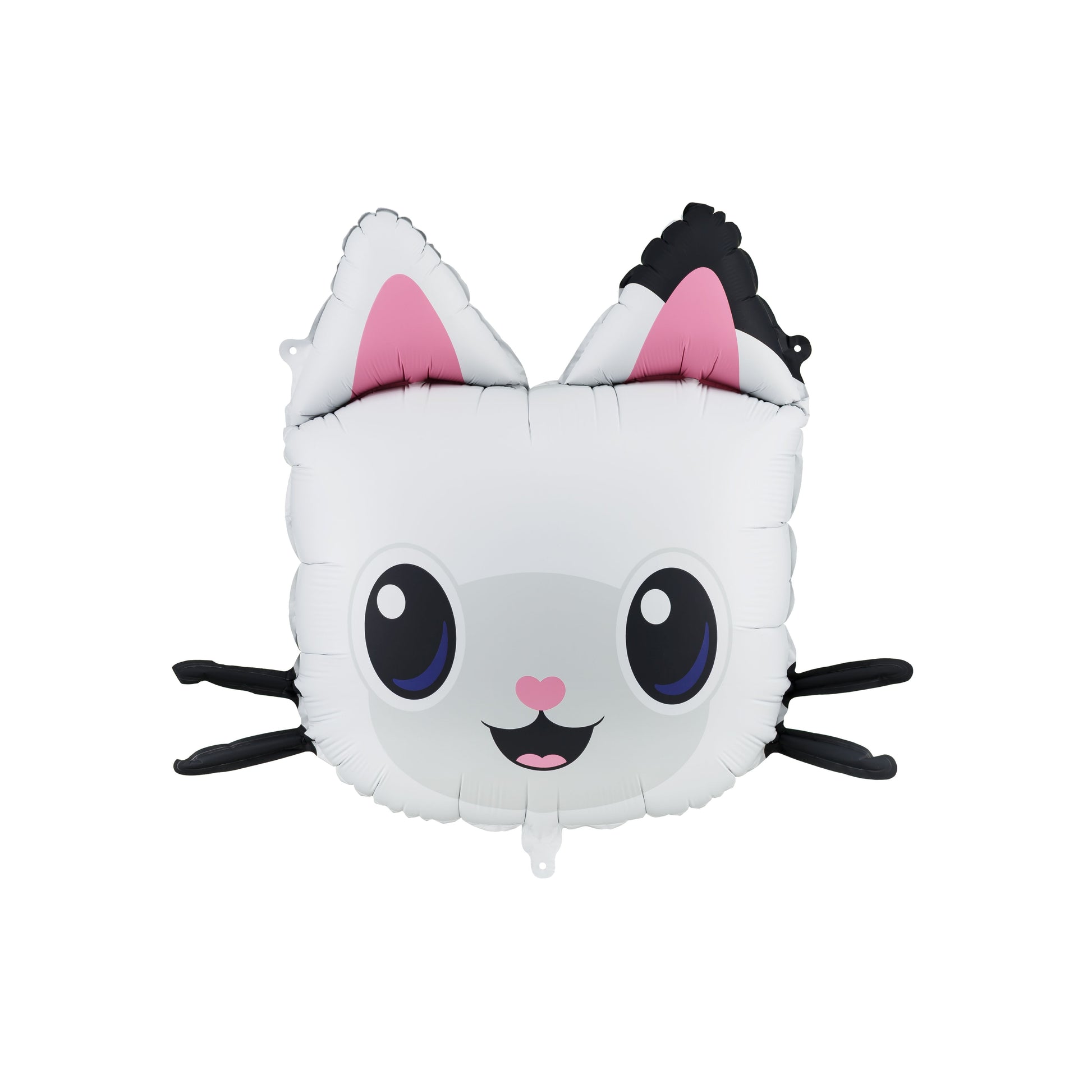 Cat-shaped balloon with black whiskers on a white background