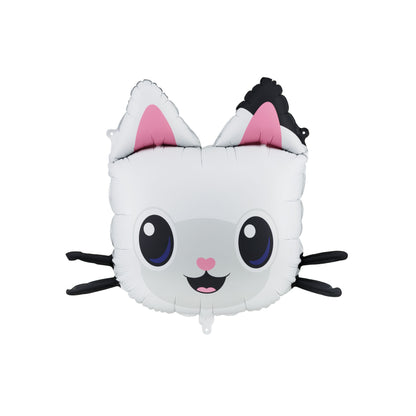 Cat-shaped balloon with black whiskers on a white background