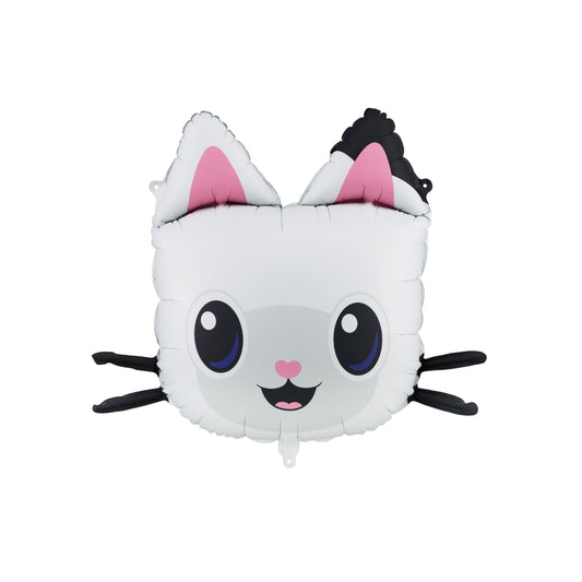 Cat-shaped balloon with black whiskers on a white background