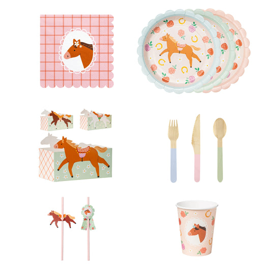 Party supplies with horse-themed design including plates, cups, and utensils on a white background.