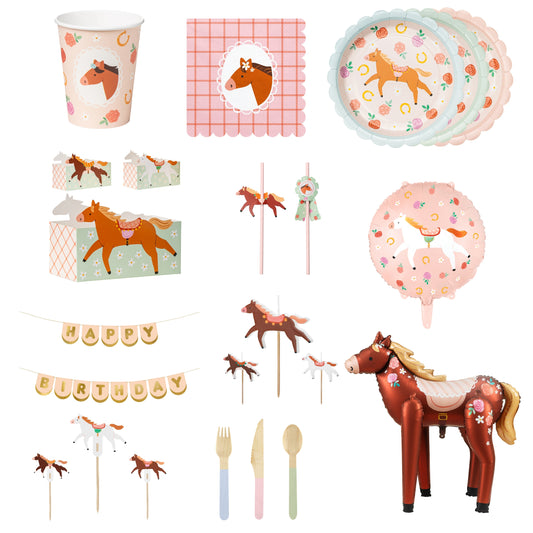 Collection of horse-themed party supplies including cups, plates, balloons, and decorations on a white background.