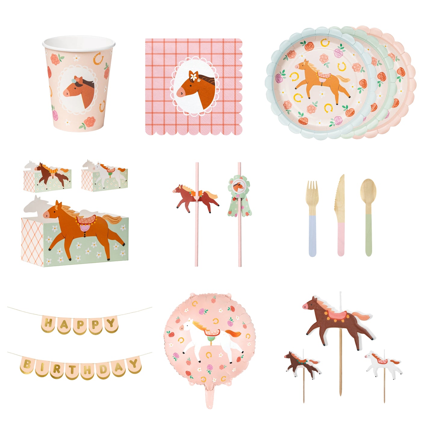 Pastel Small Horse Club Party Set with tableware, banner, balloon