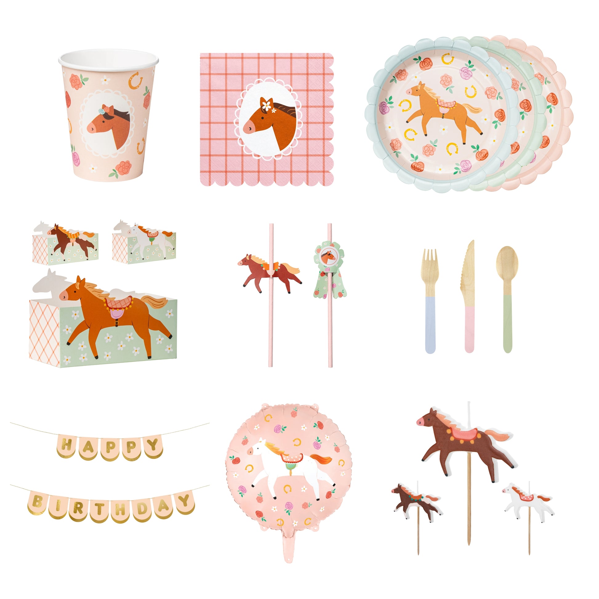 Pastel Small Horse Club Party Set with tableware, banner, balloon