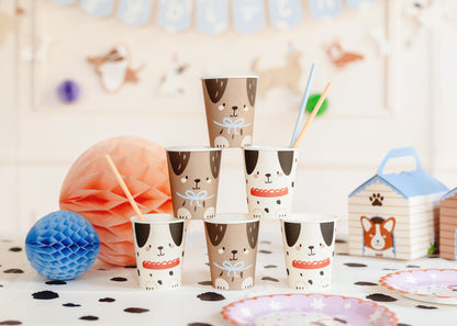 Dog-themed paper cups featuring cute illustrated puppies, ideal for birthday parties, pet parties and kids' table decorations