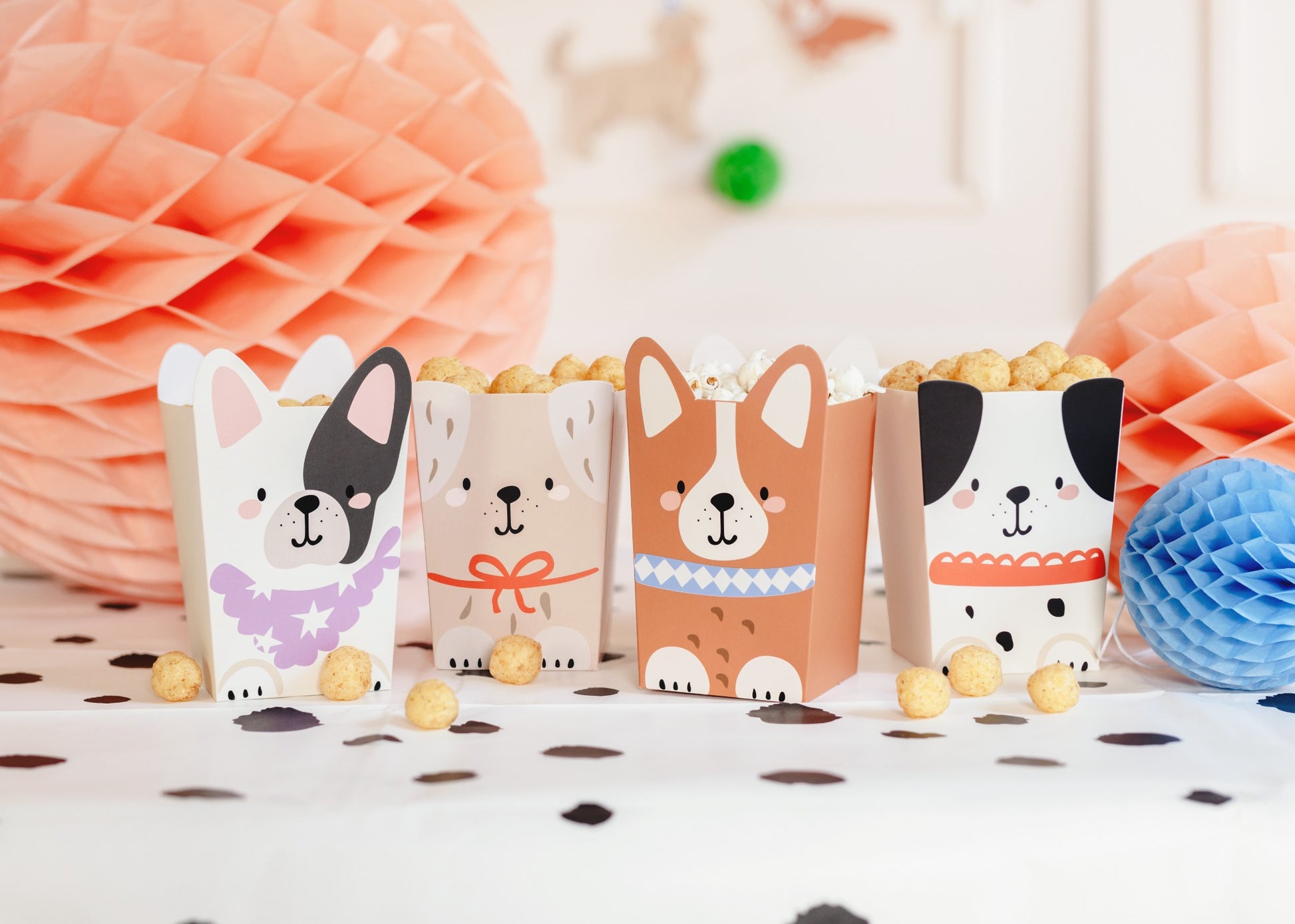 Set of colorful dog-themed snack boxes featuring various puppy designs, perfect for holding treats, popcorn or party favors at dog-themed events