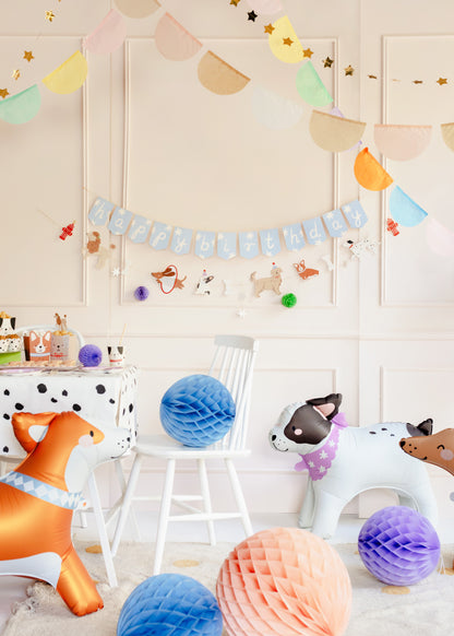 Dog-themed Happy Birthday banner with playful puppy illustrations and bone accents, perfect for pet parties and kids' dog-themed birthday decor.