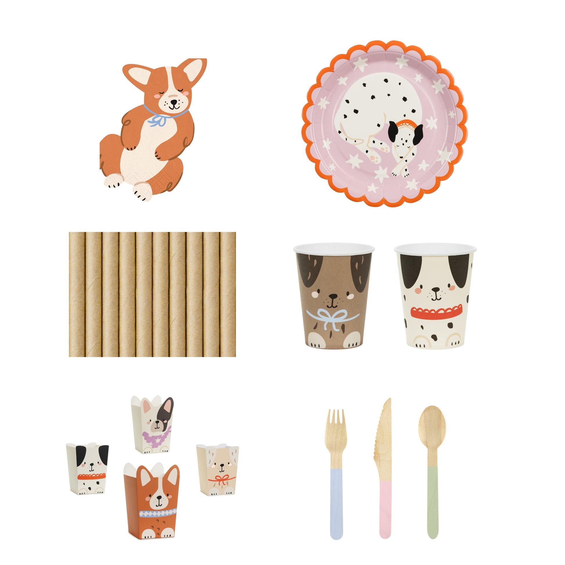 Children's party supplies with dog-themed cups, plates, straws, and cutlery on a white background.
