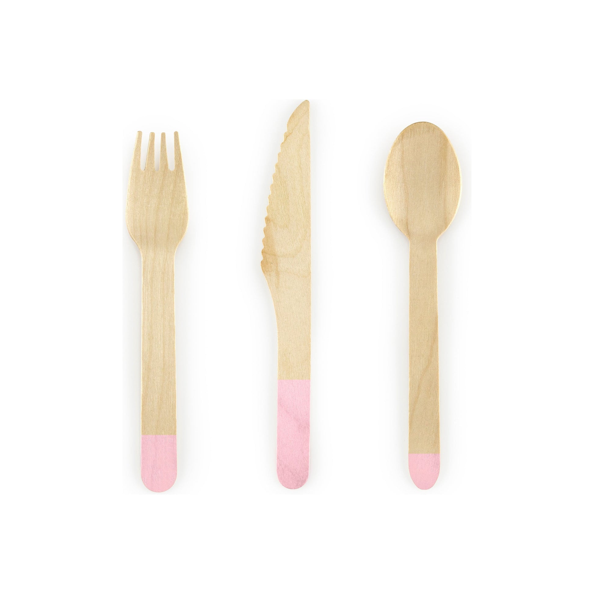 Set of wooden cutlery with pink accents on a white background